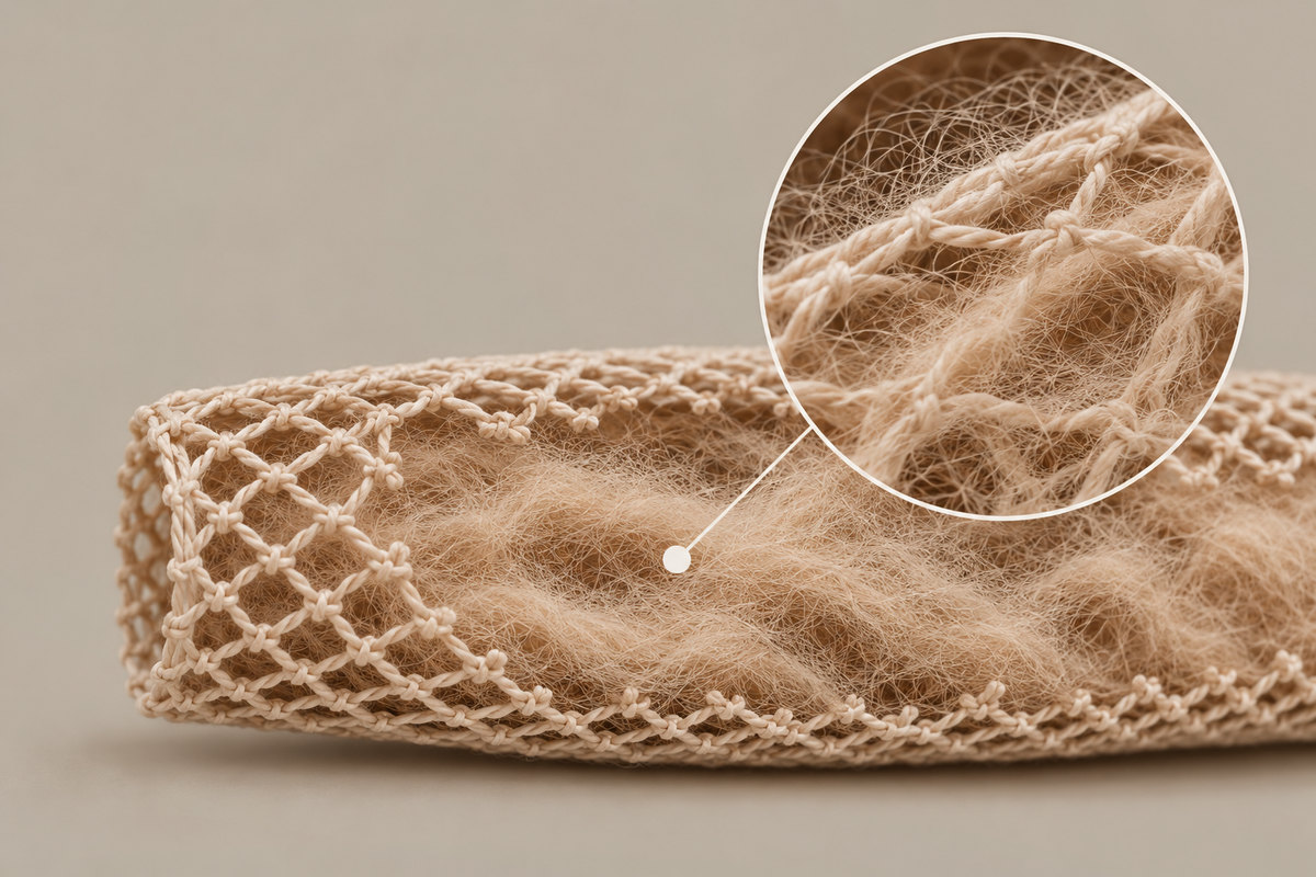 The finished yarn: the tube filled with soft baby alpaca fibre, with a magnified circle on the fibres