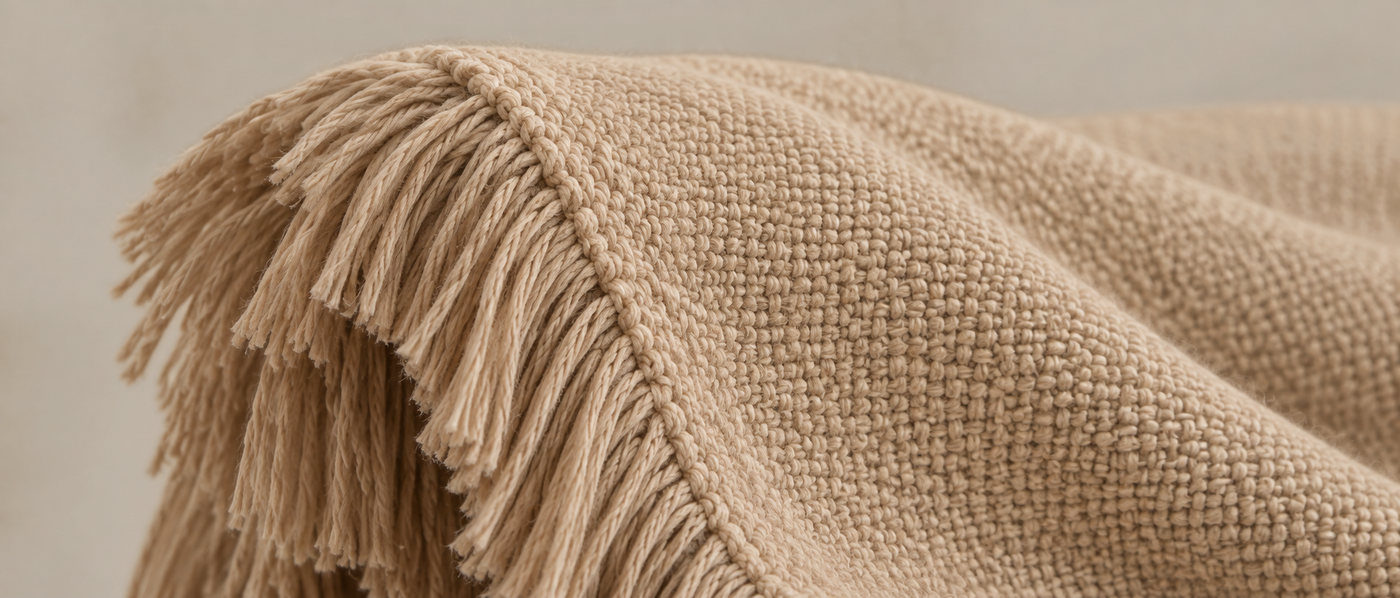 Close-up of a beige throw with a twisted fringe and a dense, textured weave
